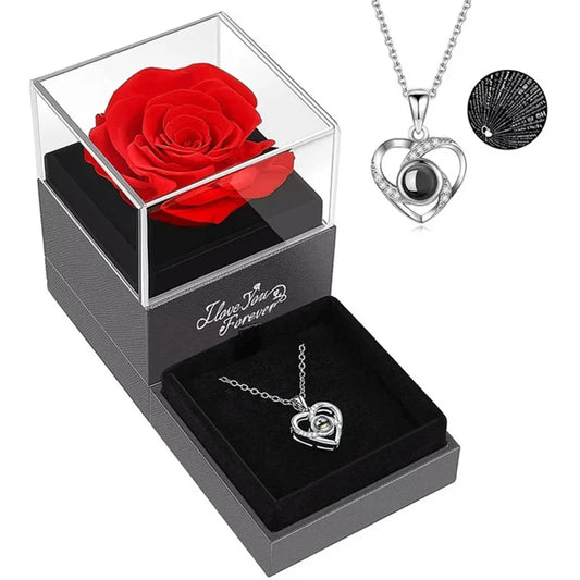 Preserved Red Real Rose with I Love You Necklace in 100 Languages, Eternal Flowers Mothers Day Rose Gifts for Mom Wife Girlfriend